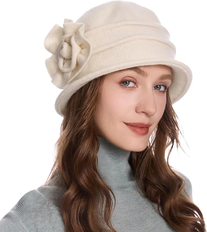 ZLYC Women Wool Cloche Bucket Hat 1920s Vintage Dress Winter Hats with Flower Accent