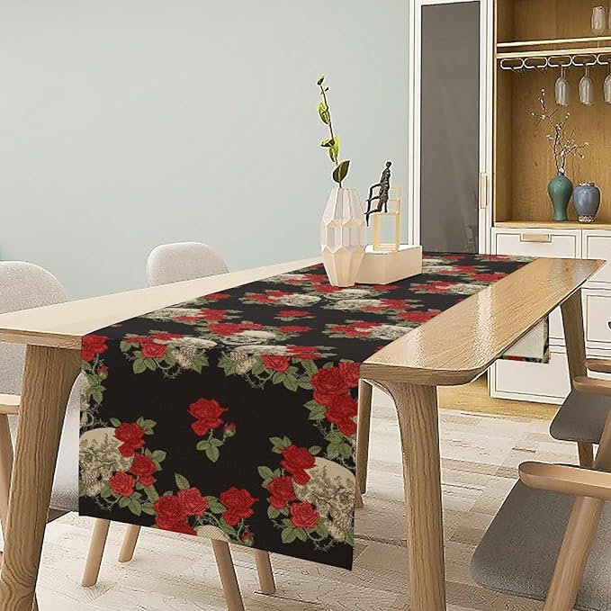Gothic Table Runner,Red Rose Skull Print Table Runner for Home Kitchen Table Dining Garden Farmhouse Wedding Party Decor 13x60 Inch