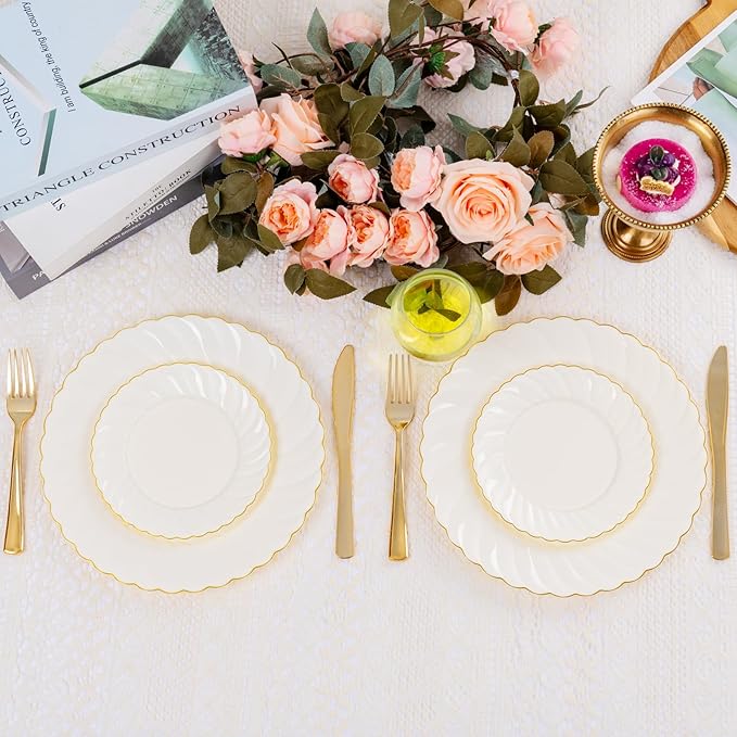 YOUBET 125PCS Scalloped Plastic Plates - Ivory Scalloped Disposable Plates - Gold Plastic Dinnerware Set Include 50 Plates, 75 Gold Silverware for Party & Wedding & Christmas