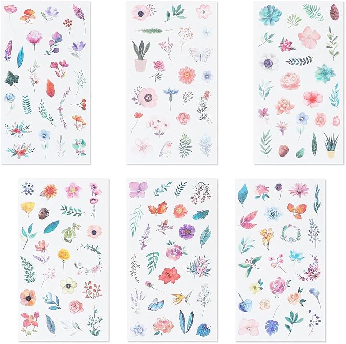 12sheets Watercolor Flower Stickers for Scrapbooking, Fresh Floral Summer Sticker Scrapbooking White Floral Plant Design, Small Decorative Stickers for DIY,Diary Decoration,Books Summer's GIF