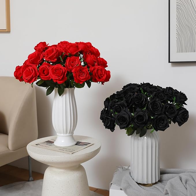 Tifuly Roses Artificial Flowers - 12 pcs Realistic Long Stem Fake Roses Mashup Style Silk Roses for DIY Bouquets Wedding Centerpieces Arrangements Home Party Decor(Black & Red)