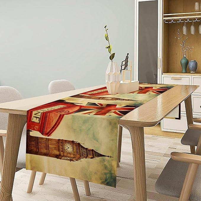 British Table Runner, Seasonal Vintage Buildings England London Culture Element Coffee Table Center Decor for Home Kitchen Dining Patio Holiday Party Table Decorations 13x36 inches