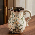 Vintage Ceramic Vase with Handle, Green and Beige Rustic Flower Pitcher Vase for Home Decor, Decorative Vase for Living Room, Bookshelf, Office, Vases for Centerpieces 8 Inch