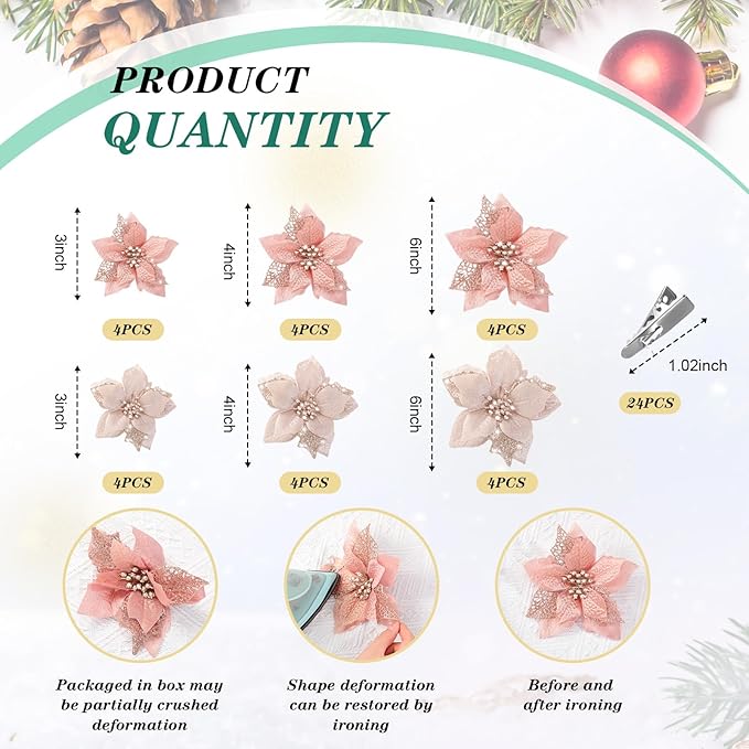 Boao 24 Pieces Christmas Artificial Glitter Poinsettia Flowers Xmas Flowers Wedding Christmas Tree New Year Ornaments(Champagne and Rose Gold)