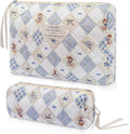 2PC Makeup Bag Set, Cute Cosmetic Bag for Women Girls, Floral Coquette Aesthetic Toiletry Bag, Travel Make Up Organizer Bag (Argyle Bear)