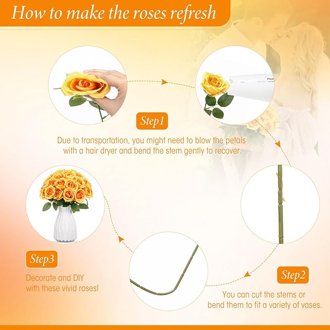 Hotop 40 Pcs Rose Artificial Flowers Bulk with Long Stem,Realistic Silk Fake Roses Bouquet for Home Wedding Centerpieces Party Table Decoration Valentines Gifts(Orange)