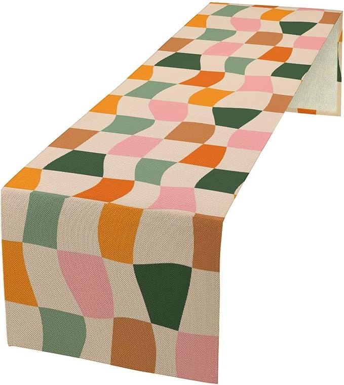 Hippie Table Runner, Vintage Geometric Square Orange Green Pink Grid 60s 70s Style Kitchen Dining Room Decor for Indoor Outdoor Wedding Party Table Runner 13x120 Inch