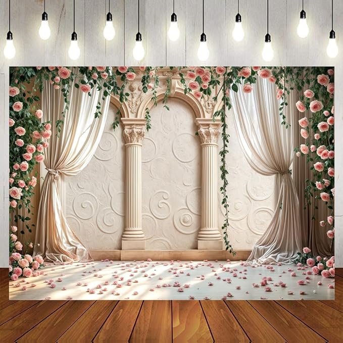 Wedding Party Backdrop, Floral Grass Wall White Sheer Curtain Flower Arch Photography Background, Greek Rose Wall Arch Lover Marriage Proposal Bridal Reception Photo Booth Props Banner 15x10ft