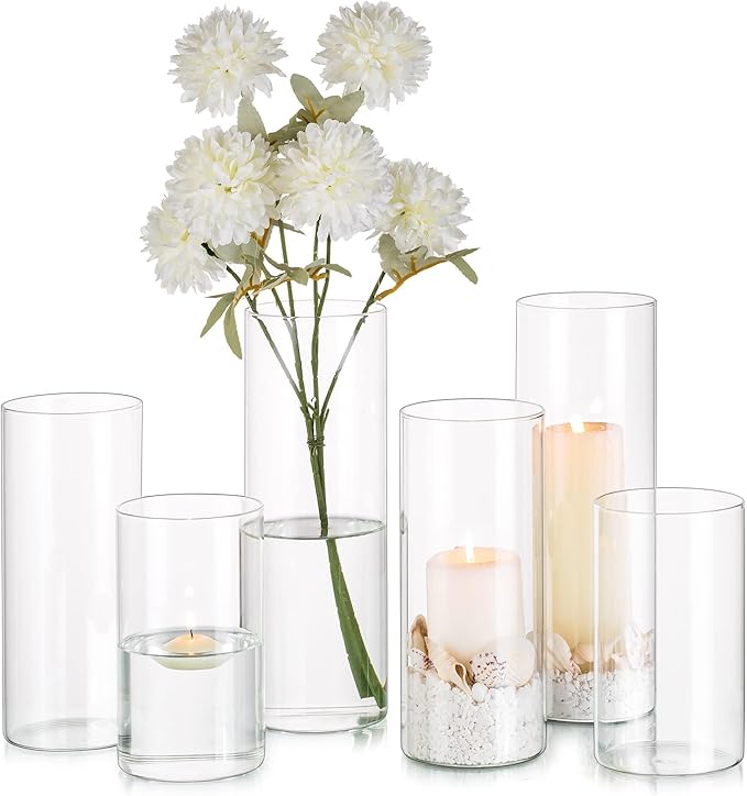 Glasseam Clear Glass Cylinder Vase, 6pcs Glass Vases for Centerpieces, Modern Floating Candle Vases for Flowers, Hurricane Vase Decor Candle Holder for Pillar Candles Wedding Deco (5.5"/7.5"/9.5")