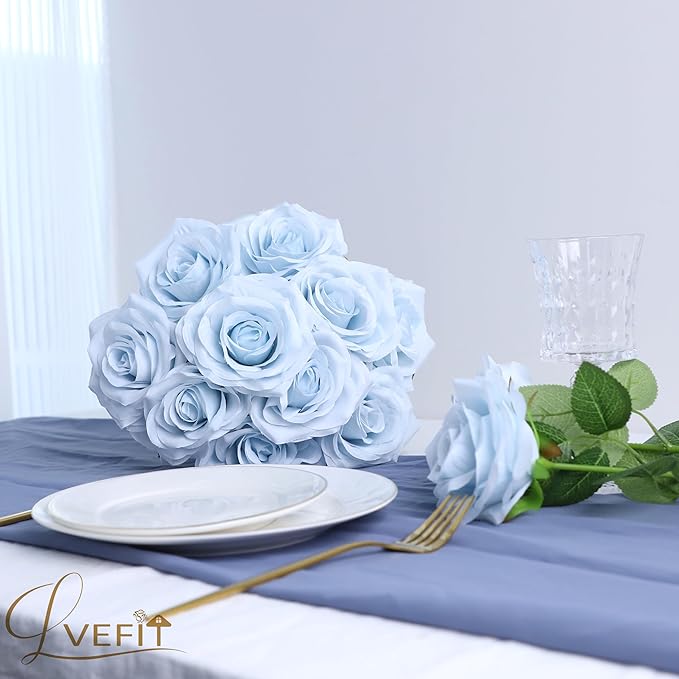 12pcs Artificial Rose Flower Ice Blue Rose Flower with Long Stem Silk Roses Bouquet for Wedding Bridal Shower Party Home Decoration