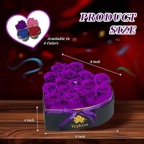 16 Pieces Forever Flower Heart Shape in a Box Preserved Blue Roses for Delivery Grade A Quality 100% Real Immortal Flowers Eternal Birthday for Her Mom Women Wife Girlfriends (Purple)