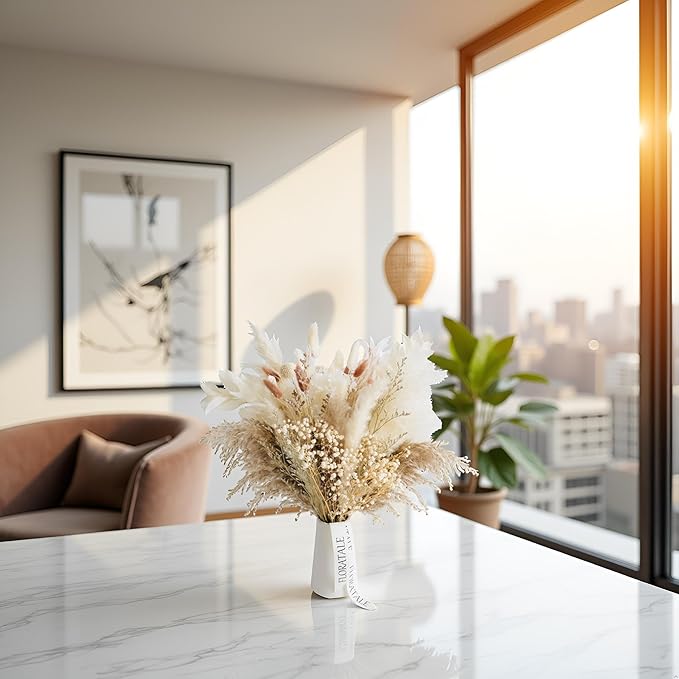 Dried Flower Bouquet (No Vase) | 17'' Mini Boho Floral Arrangement - Pampas, Bunny Tails, Baby's Breath & More Natural Dried Flowers – Home Wedding Decor, Centerpiece