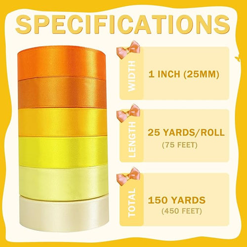 150 Yards Orange Satin Ribbon 1 Inch 6 Rolls Assortment Ribbons for Crafts Gift Wrapping Flower Bouquet Wedding Invitations Birthday Party Festival Decoration Hair Bows