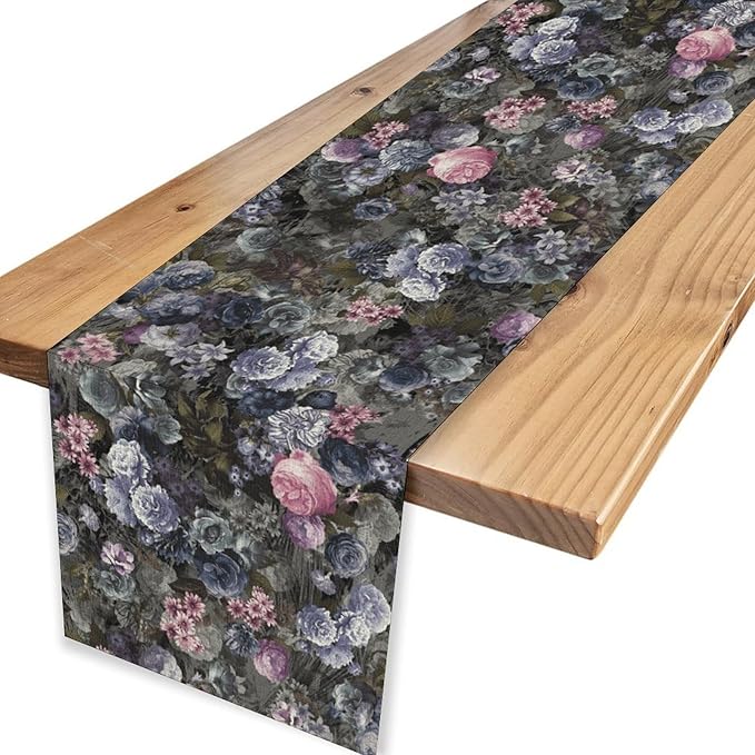 Vintage Floral Table Runner, Gothic Pink Blue Floral Boho Flower Garden Botanical Spring Seasonal Print Table Center Decor for Family Kitchen Table Decorations Indoor Outdoor 13x90 inch