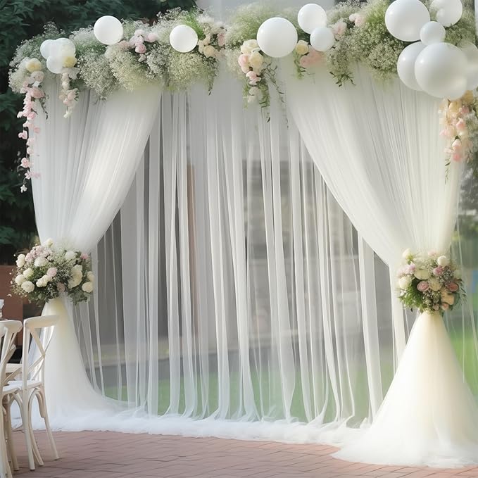 10x10 Ivory Tulle Backdrop Curtains for Parties, Sheer Backdrop Curtain Wedding Photo Background Drapes for Baby Shower Photography Birthday Party