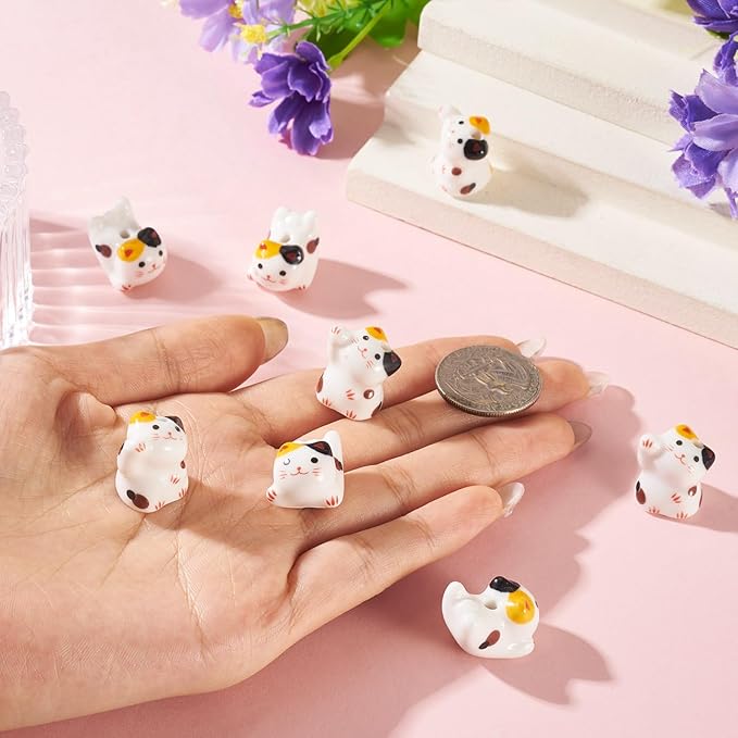 Beadthoven 8Pcs Lucky Cat Porcelain Beads 3D Yellow White Handmade Craft Beads Animal Ceramic Cat Printed Ceramic Spacers with Hole for DIY Necklace Bracelet Keychain Craft Jewelry Making