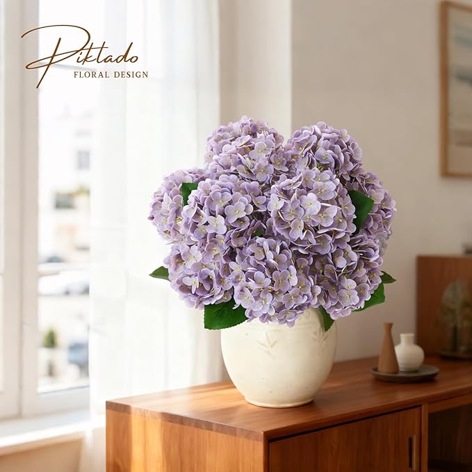 2 Bunchs 21in,Light Purple Real Touch Hydrangea Artificial Flowers,with 10pcs Flower Heads 20pcs Green Leaves, Faux Hydrangea Flowers,for Home Office Decor Wedding Party Arrangements