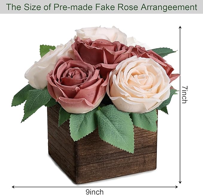 Dining Table Centerpiece Set of 6 - Pre-Made Aritifial Rose with Wooden Vase Fake Floral Arrangment Faux Flower for Wedding Bridal Tea Party Event Decorations - Dusty Pink & Champagne