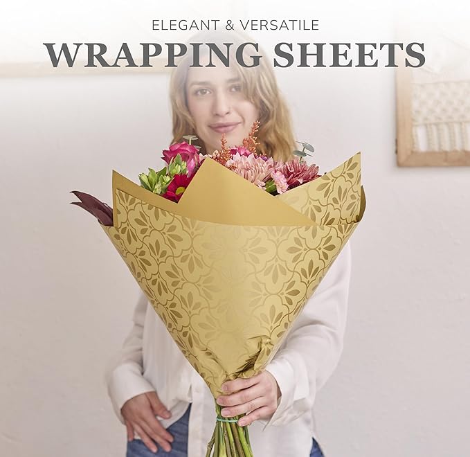 the florist Supply 20 Sheets Premium Flower Wrapping Paper | Waterproof Flower Wrapping Paper for Bouquets | Double Sided Floral Bouquet Sheets | DIY Gifts Isabella Kraft/Gold