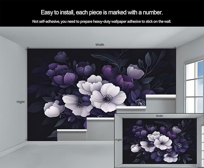 Dark Peony Floral Wall Mural, Purple and Black Flower 3D Wall Murals, Luxury Botanical Wallpaper Mural, for Living Room Bedroom Large Wallpaper Indoor Decor 169.3" W x118.2 H