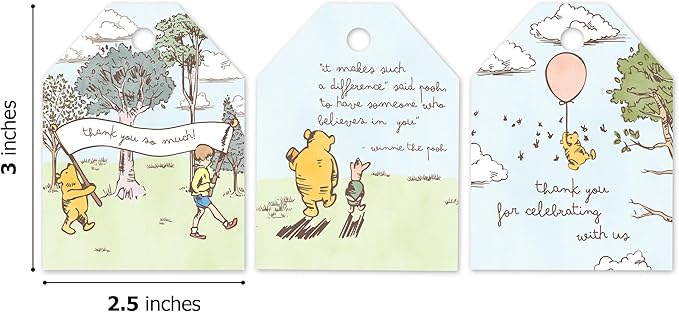 Pro Supply Global 24 Count of 2.5 Inch x 3 Inch Pre Strung Winnie The Pooh Gift Tag Assorted Printed Designs on Large Cardstock Gift Hang Tags - Ideal to Use on Bags