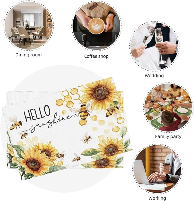 Farmhouse Sunflower Placemats Set of 6, Hello Sunshine Place Mats, Rustic Bee Dining Table Mats, Washable Placemats for Kitchen Dining Room Home Decor 18L'' × 12W''