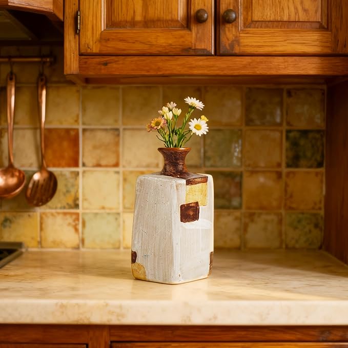 Ceramic Flower Vase Home Decor-6" Tall Vase for Centerpieces,Large Decorative Terracotta Vases, Farmhouse Rustic Pottery Vase for Home Decor Living Room, Table,Shelf or Mantel(Square)