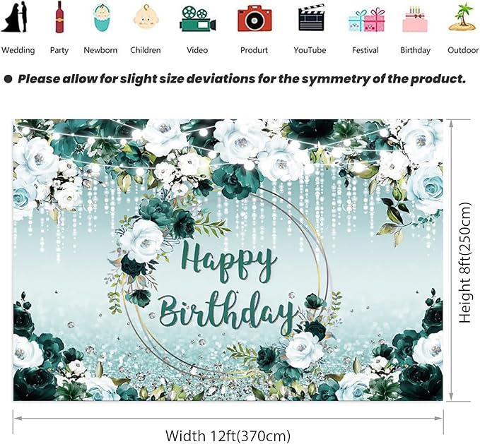 Renaiss 12x8ft Floral Happy Birthday Backdrop for Woman Fabric Green White Flowers Blooming Flower Photography Background Shinning Diamond Photo Backdrops for Birthday Party Supply