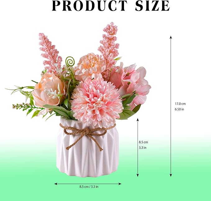Artificial Potted Flowers Pink, Small Ceramic Vase Fake Flower Plants Desktop Decoration Indoor for Home and Office, Faux Flowers Hydrangea Decora for Table,Bookshelf,Bedroom,Living Room,Party.(Pink)