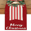 Christmas Table Runner– Elegant Merry Christmas Design with Golden Bell, Greenery & Red Bow, Festive Holiday Table Decoration for Dining Table, Kitchen & Home Décor