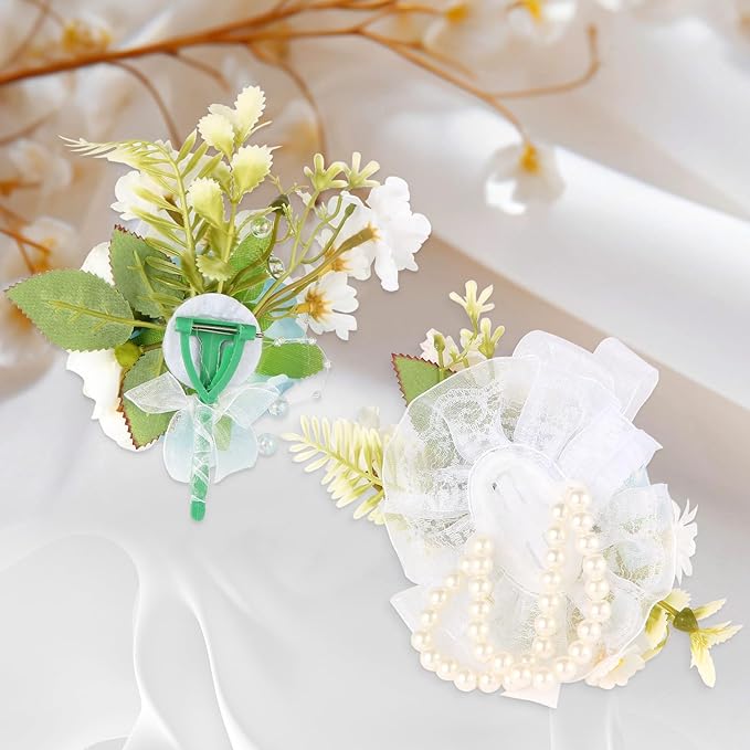 Wrist Corsage and Boutonniere Set, Artificial Rose Corsage Wristlet and Boutonniere for Wedding Prom Party (Blue, 2pcs)