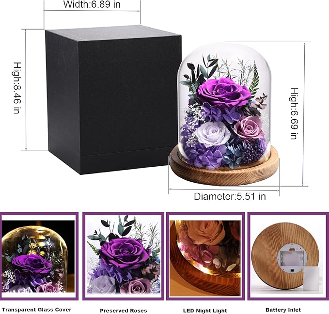 Flowers for Delivery Preserved Rose Gifts for Women,Long-Lasting Real Flowers in Glass Dome, Birthday Gifts for Women Mom Friend(Purple Rose)