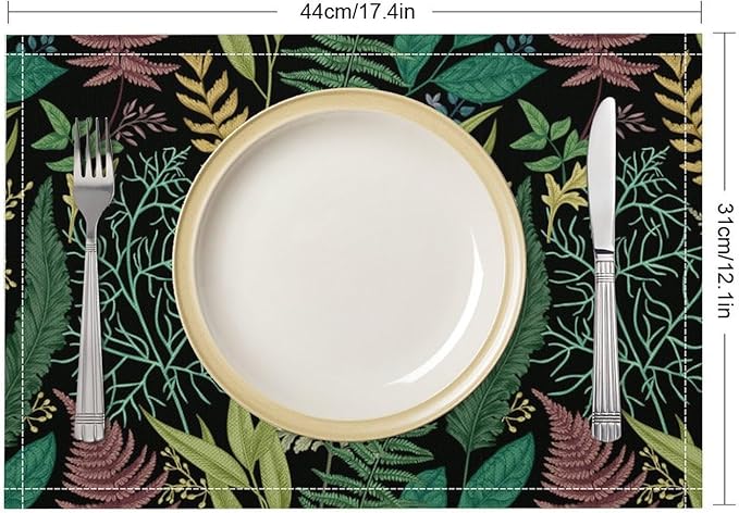 Leaf Placemats Set of 4, 17x12 Inch Vintage Natural Botanical Herbal Green Leaves Table Mats for Home Party Kitchen Dining Decor