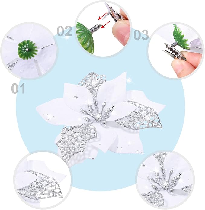 Boao 24 Pieces Christmas Artificial Glitter Poinsettia Flowers Xmas Flowers Wedding Christmas Tree New Year Ornaments(White)