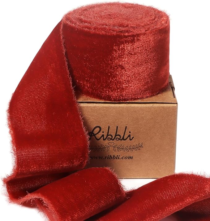 Ribbli Rust Red Velvet Ribbon 1.5 Inch Handmade Frayed Vintage Christmas Ribbon for Gift Wrapping Christmas Tree Ornament Wreath Craft Home Decor -3 Yards