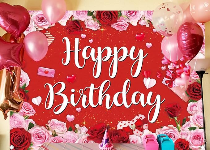 Rose Happy Birthday Backdrop for Women Red Pink Floral Birthday Photography Background Girl Flower Party Decorations Banner Booth Props (8x6FT(94 x 70 inch))