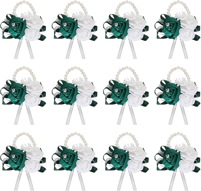 MECCANIXITY 12Pcs Wrist Corsage Artificial Flower Bracelets Rose Wrist Bride Groom Decorative for Wedding Ceremony Prom Party Anniversary Dark Green
