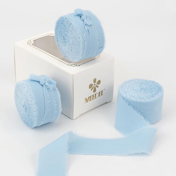 MEEDEE Light Blue Chiffon Ribbon 1 Inch Fringe Ribbons Baby Blue Chiffon Silk Frayed Edge Ribbon Thin Chiffon Ribbons for Crafts, Gift Wrapping, Wedding Invitation (3 Rolls 21 Yards)