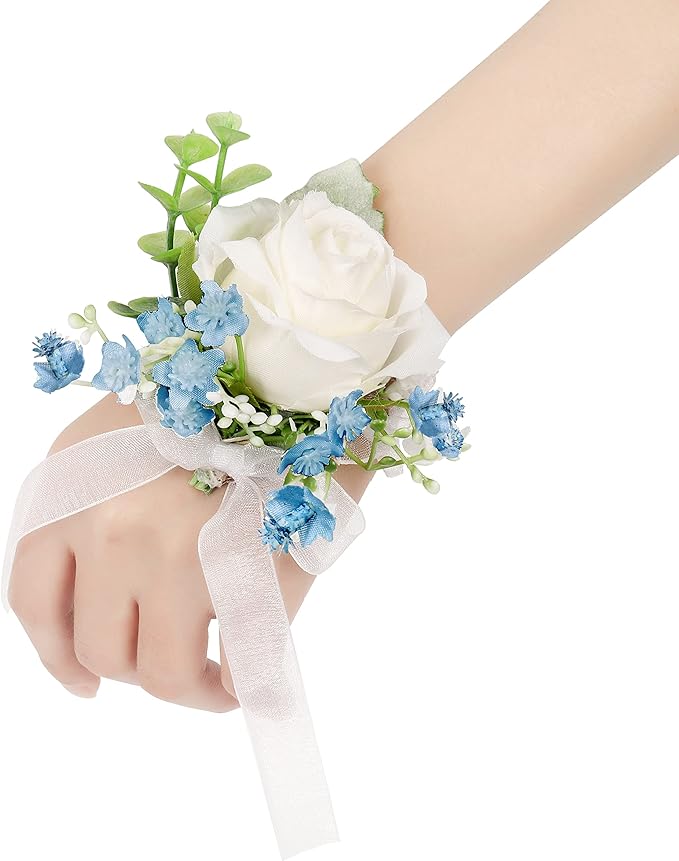 White & Blue Rose Corsage and Men Boutonniere Set for Wedding Ivory Corsages Wristlet Band Bracelet for Wedding Flowers Accessories Prom Homecoming Suit Decorations