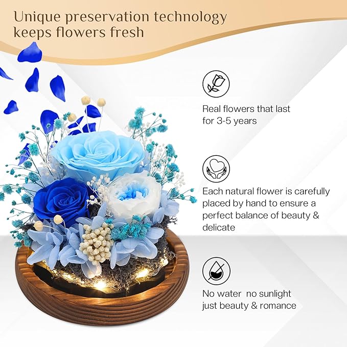 Preserved Flowers,Rose in Glass Dome with LED Light, Gifts for Her, Women, Mom,Grandma,Girlfriend, Wife - Style6