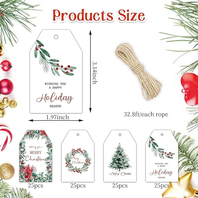 100 Pcs Christmas Paper Gift Tags Watercolor Plants Xmas Winter Seasonal Wishes Hanging Label Tags with Hemp Rope for Xmas Holiday Gift Wrapping DIY Crafts, 4 Designs