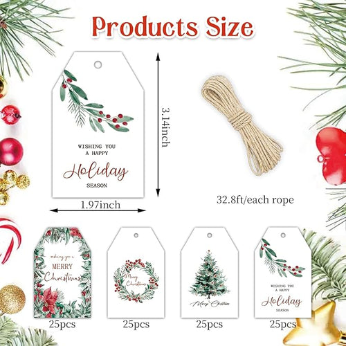 100 Pcs Christmas Paper Gift Tags Watercolor Plants Xmas Winter Seasonal Wishes Hanging Label Tags with Hemp Rope for Xmas Holiday Gift Wrapping DIY Crafts, 4 Designs