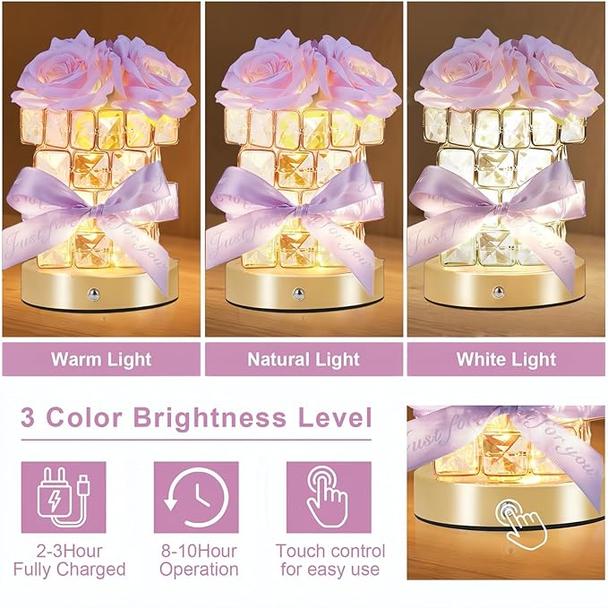 Christmas Gifts for Woman, Touch Crystal Rose Lamp, Elegant Flower lamps, Purple Roses Crystal Lights Base, Purple Nightlight, Gifts for Her, Mom, Wife, Girlfriend, Valentines, Birthday Gifts