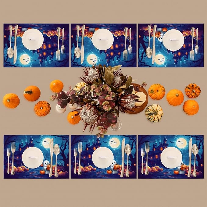 Halloween Cute Ghosts Pumpkin Placemats Set of 4 PVC Vinyl Non Slip Table Mats Heat Resistant Place Mats Washable Wipeable Dining Table Mat for Kitchen Decor Party Indoor Outdoor Decorative Gift