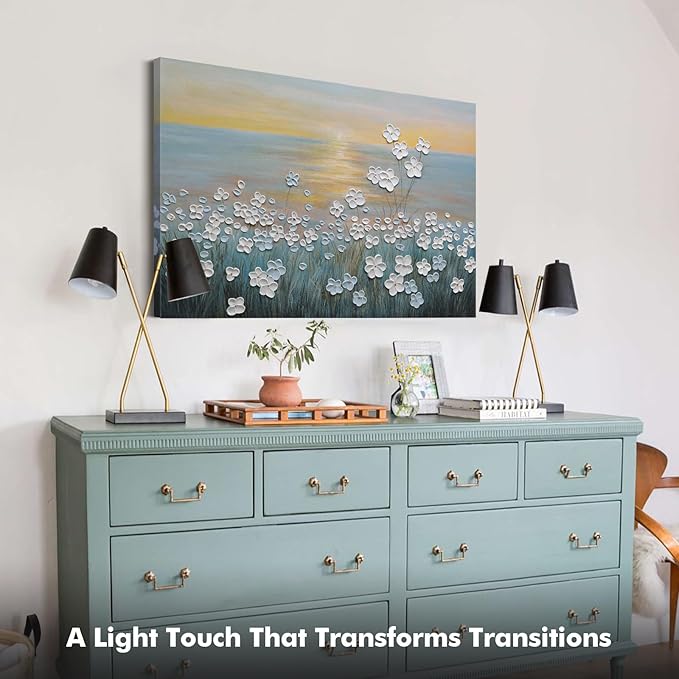 JUHOME Vintage Hand-Painted Thick Texture 3D White Flowers Abstract Oil Painting on Canvas Wall Art,Horizontal Sunset Beach Art Decor for Home Office Hall Wall Decorative,36x24