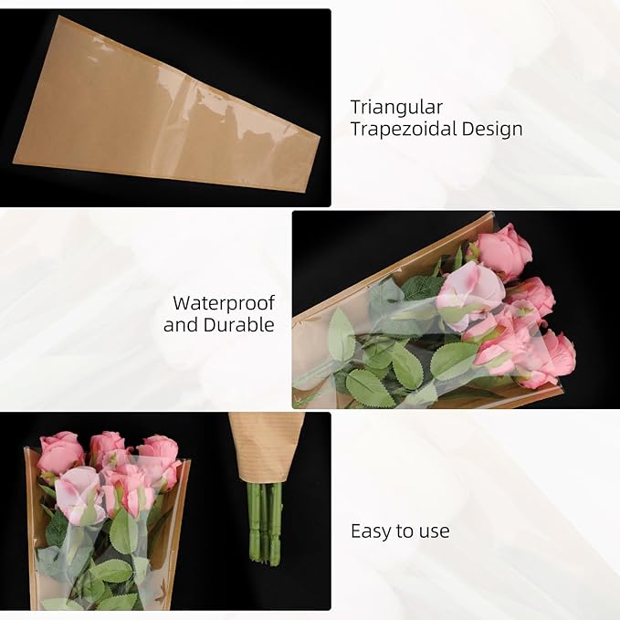 Motroce 100Pcs Flower Bags for Bouquets, 9.5 x 17.9 Inches Flower Bouquet Wrapping Paper Floral Sleeves, Clear Front Kraft Paper Bouquet Bags, Brown