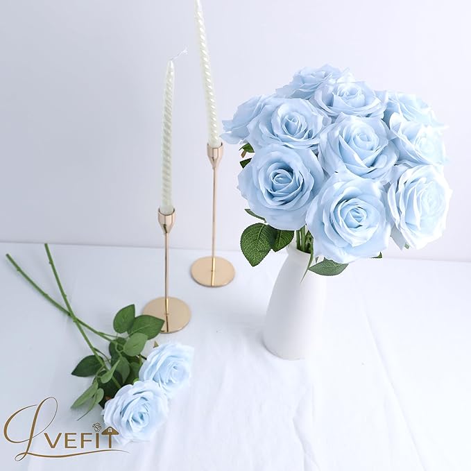 12pcs Artificial Rose Flower Ice Blue Rose Flower with Long Stem Silk Roses Bouquet for Wedding Bridal Shower Party Home Decoration