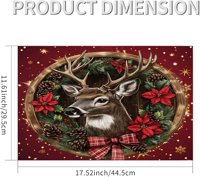 Xmas Christmas Reindeer Poinsettia Red Placemats Set of 6 PVC Vinyl Non Slip Table Mats Heat Resistant Place Mats Washable Wipeable Dining Table Mat for Kitchen Party Indoor Outdoor Decorative Gift