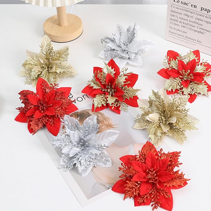 12 PCS Poinsettia Flower Artificial Red Gold Christmas Flowers Artificial 5.5'' Glitter Poinsettias Artificial Christmas Tree Flower With Clips Diy Xmas Wreath Holiday New Year Home Party Decor