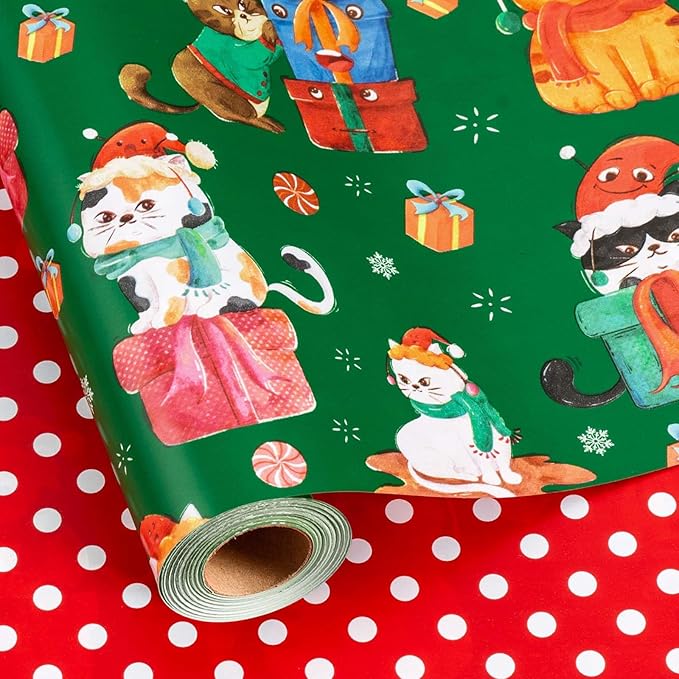MAYPLUSS Christmas Wrapping Paper Roll - 17 Inch X 33 Feet - Green Cute Cat Christmas Hat Reversible Polka Dot Gift Wrapping Paper, Thick Wrap Paper for Holiday Party New Year Kids